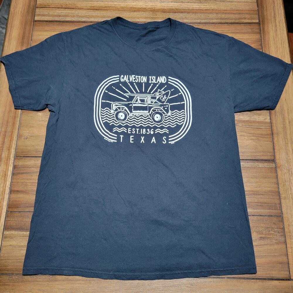 Galveston Island Jeep Surf Board Black Unisex Tee - Size Large